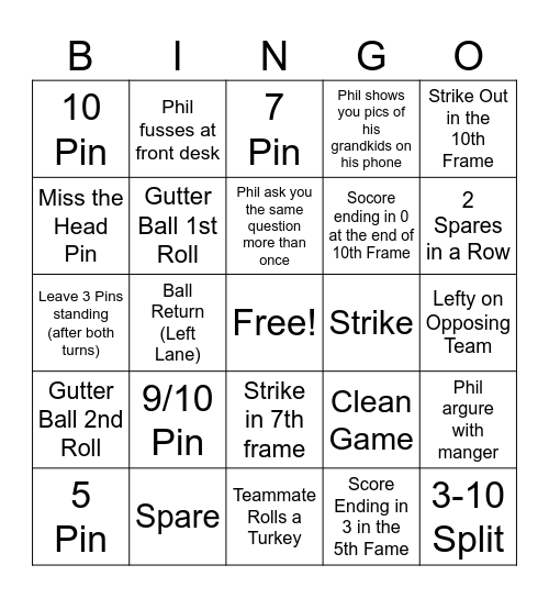 Friday Night Bowling Bingo Card