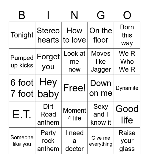 Tops Billboard Songs of 2011 Bingo Card