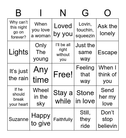 Journey Bingo Card