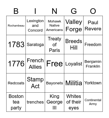 American Revolution Bingo Card