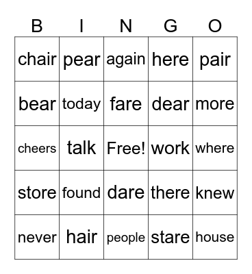 Spelling Test Word Bingo Card