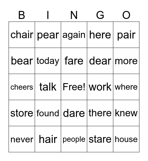 Spelling Test Word Bingo Card