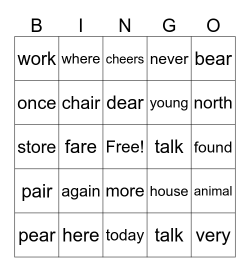 Spelling Test Word Bingo Card