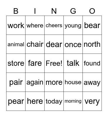 Spelling Test Word Bingo Card