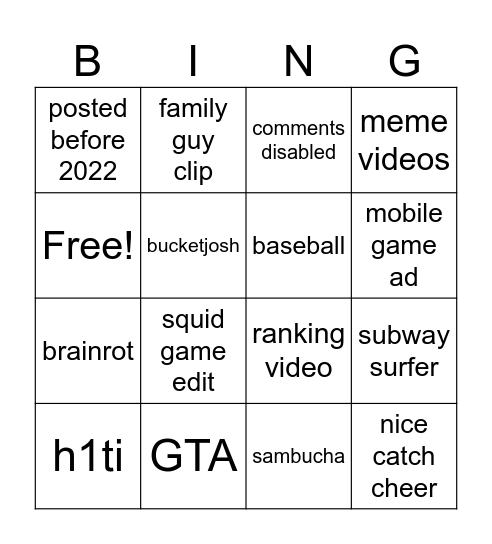 YouTube shorts bingo Card
