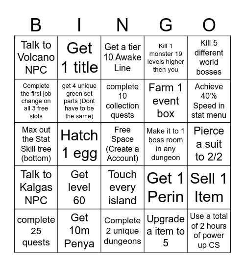 Flyff Bingo Event Bingo Card