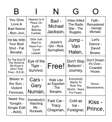 MUMBOS BINGO: 80S Bingo Card