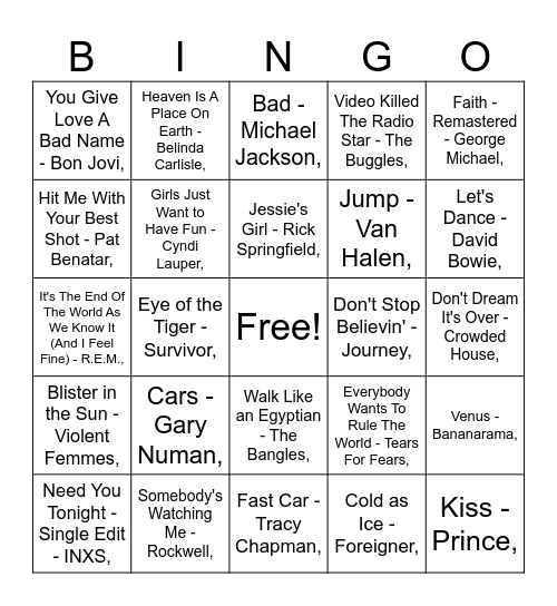 MUMBOS BINGO: 80S Bingo Card