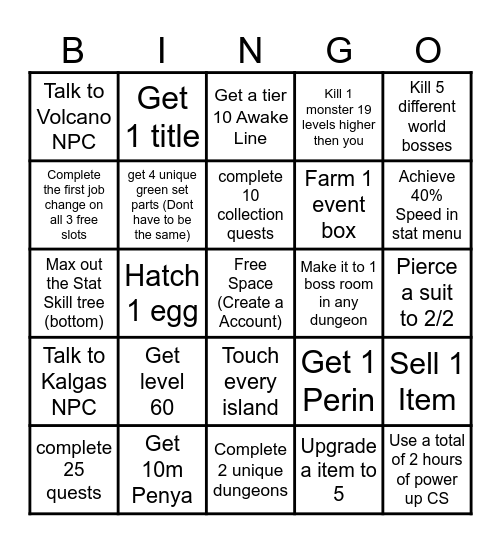 Flyff Bingo Race Bingo Card