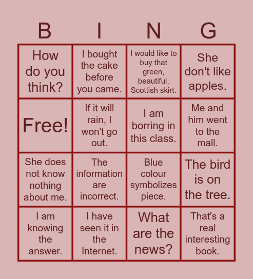 Correction Bingo Card