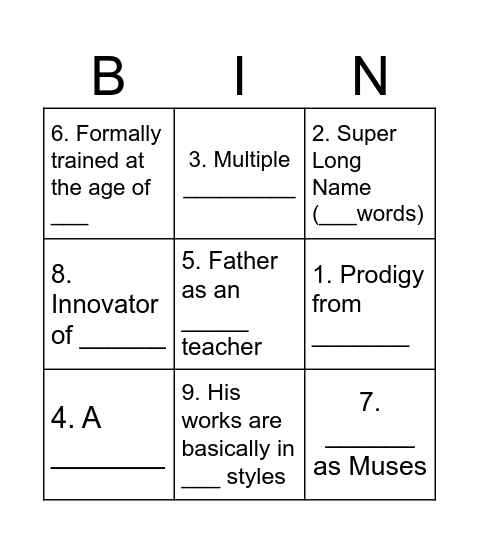 Fun facts of Picasso! Bingo Card