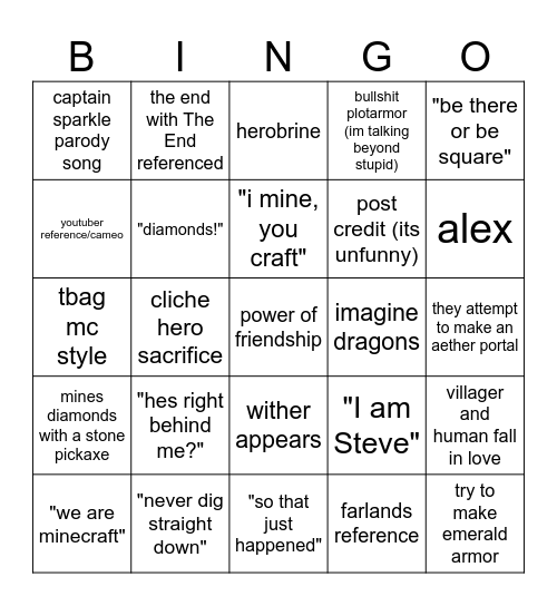 minecraf movie Bingo Card