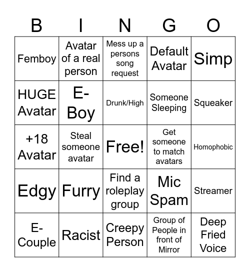 Kaly's VRChat Bingo Card