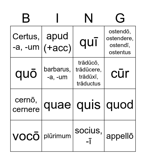 L25 Latin Bingo Card