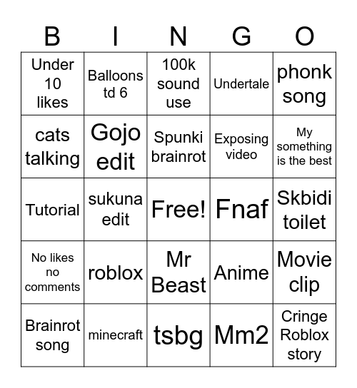 Youtube short Bingo card toilet ohio fruits Bingo Card