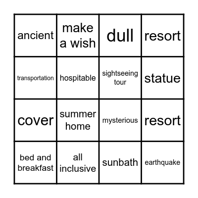 Unit 7 Tourism Bingo Card
