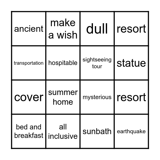 Unit 7 Tourism Bingo Card