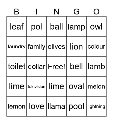 /l/ sound words Bingo Card
