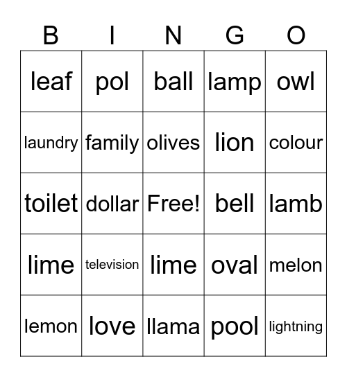 /l/ sound words Bingo Card