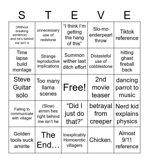 Minecraft Movie Predictions Bingo Card