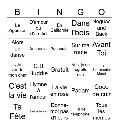 Chansons Français Bingo Card