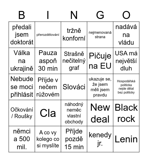 Bingo na podporu účasti na předmětu hospodářské politiky Bingo Card