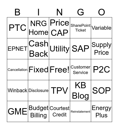 NRG Bingo Card