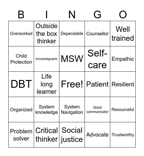 Social Worker Bingo Card