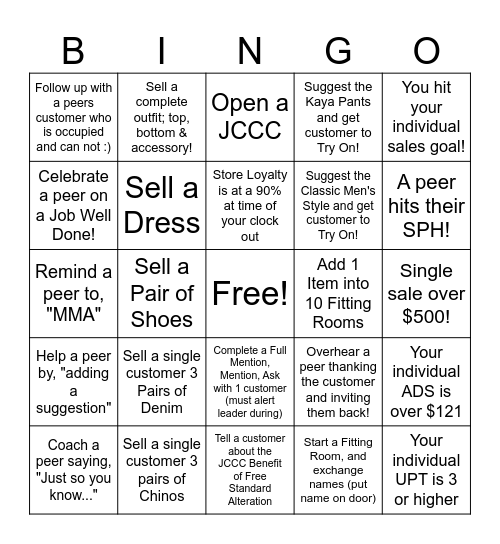 J. Crew Weekend Bingo Card
