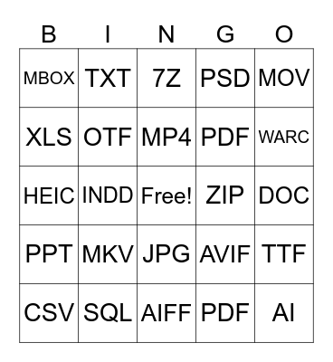 File Formats Bingo Card