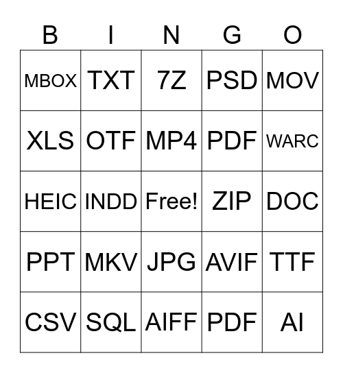 File Formats Bingo Card