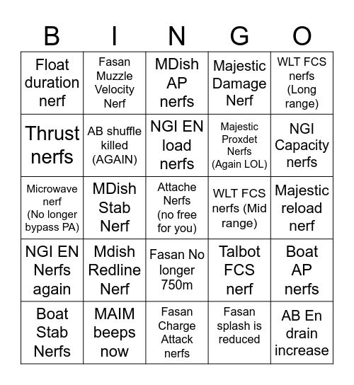 LETHAL NERFS Bingo Card