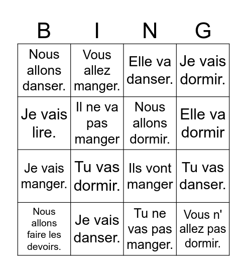 Futur Proche Bingo Card