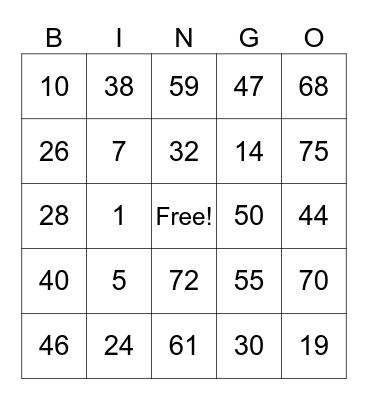 Number Bingo 1-75 Bingo Card