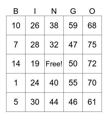 Number Bingo 1-75 Bingo Card