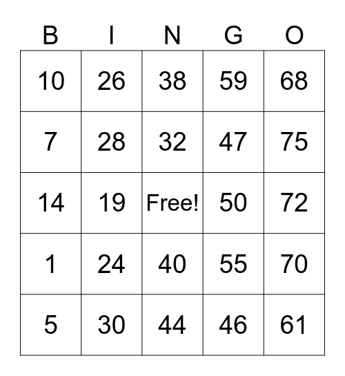 Number Bingo 1-75 Bingo Card