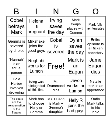 Season Finale Predictions Bingo Card