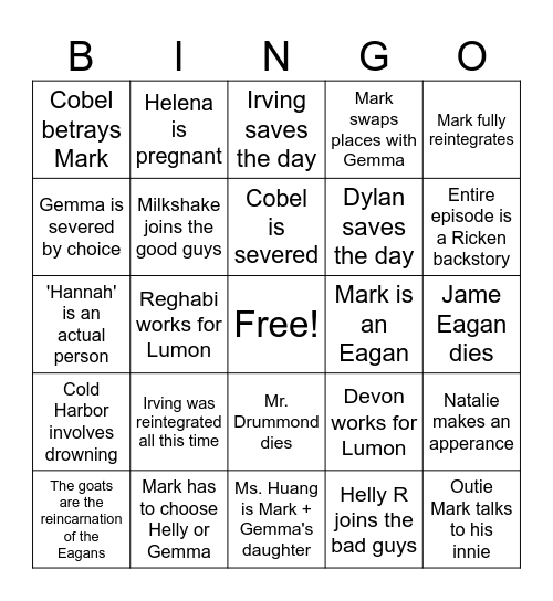 Season Finale Predictions Bingo Card