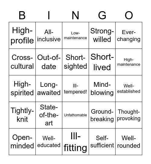 Compound adjectives Bingo Card