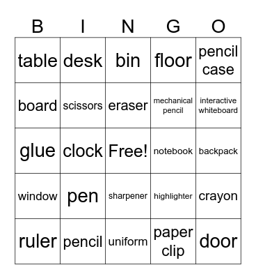 School objects Bingo Card