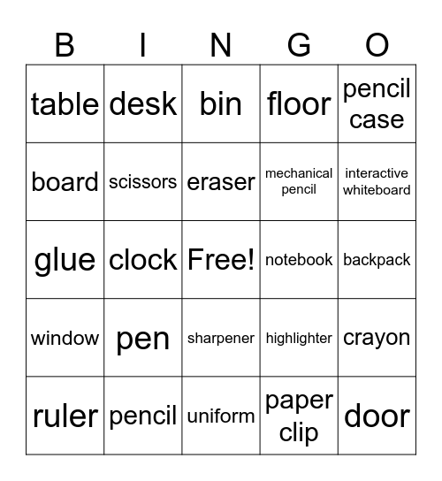 School objects Bingo Card