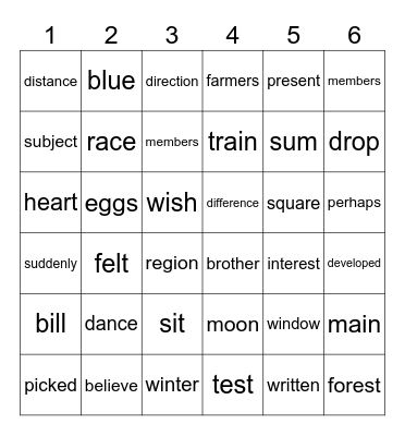 Sight Words Bingo Card