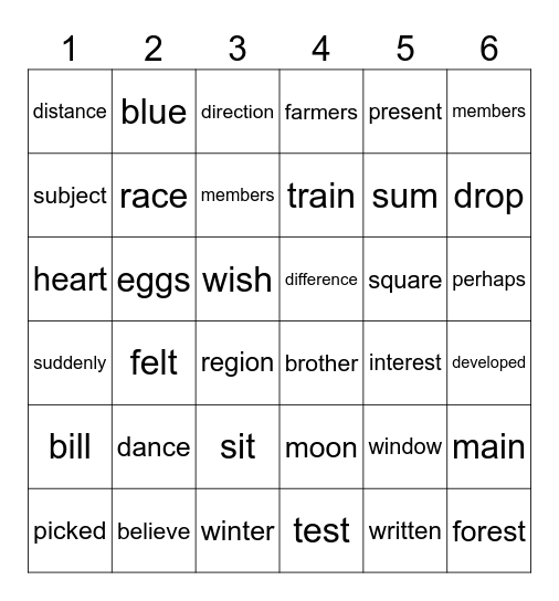Sight Words Bingo Card