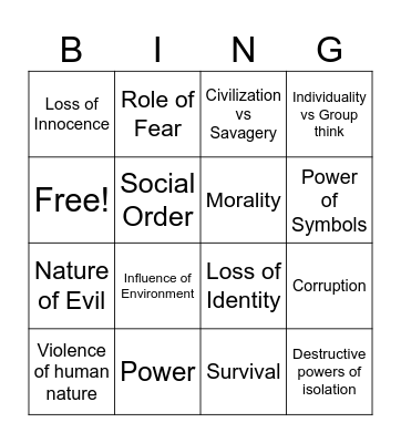 Lord of the Flies Bingo Card