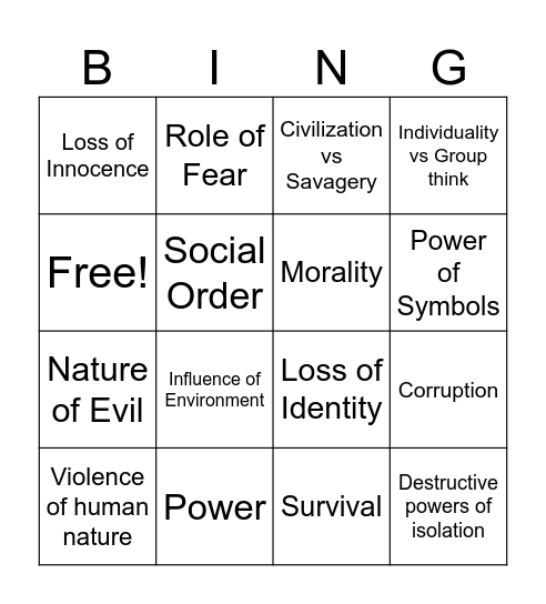 Lord of the Flies Bingo Card