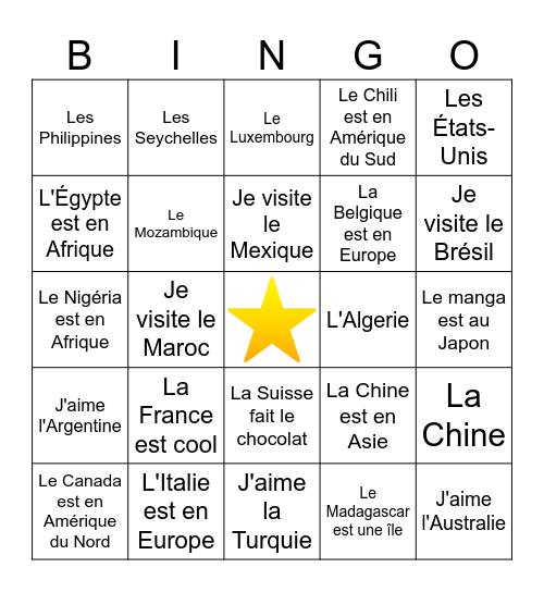 Pays en français Bingo Card