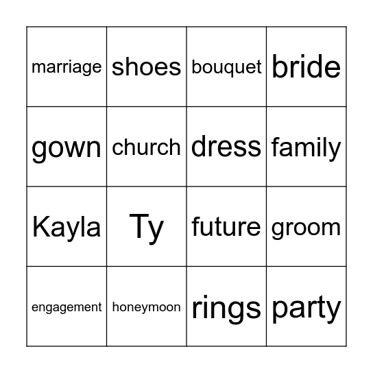 Ty and Kayla Wedding Bingo Card