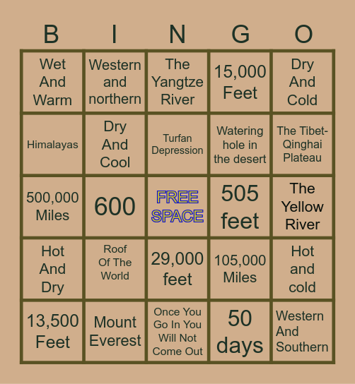 Ancient China Bingo Card