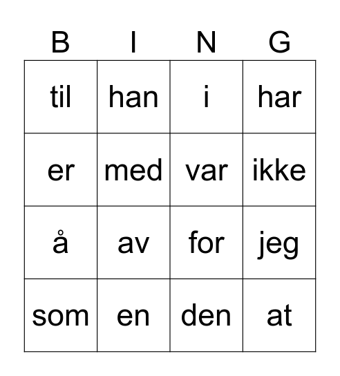 Bingo uke 13 Bingo Card