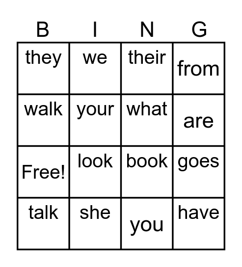 Heart Words Bingo Card